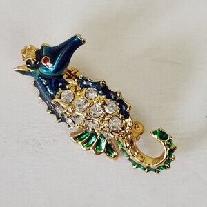 Vintage Crystal Seahorse Enamel Pin Brooch